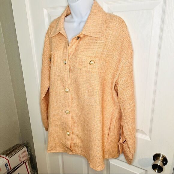 Andree Oversized Pearl Button Down Tweed Shacket Peach M - Picture 7 of 13
